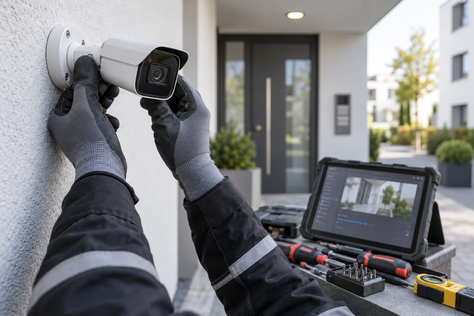 Techniker montiert und richtet eine Überwachungskamera in Dortmund aus