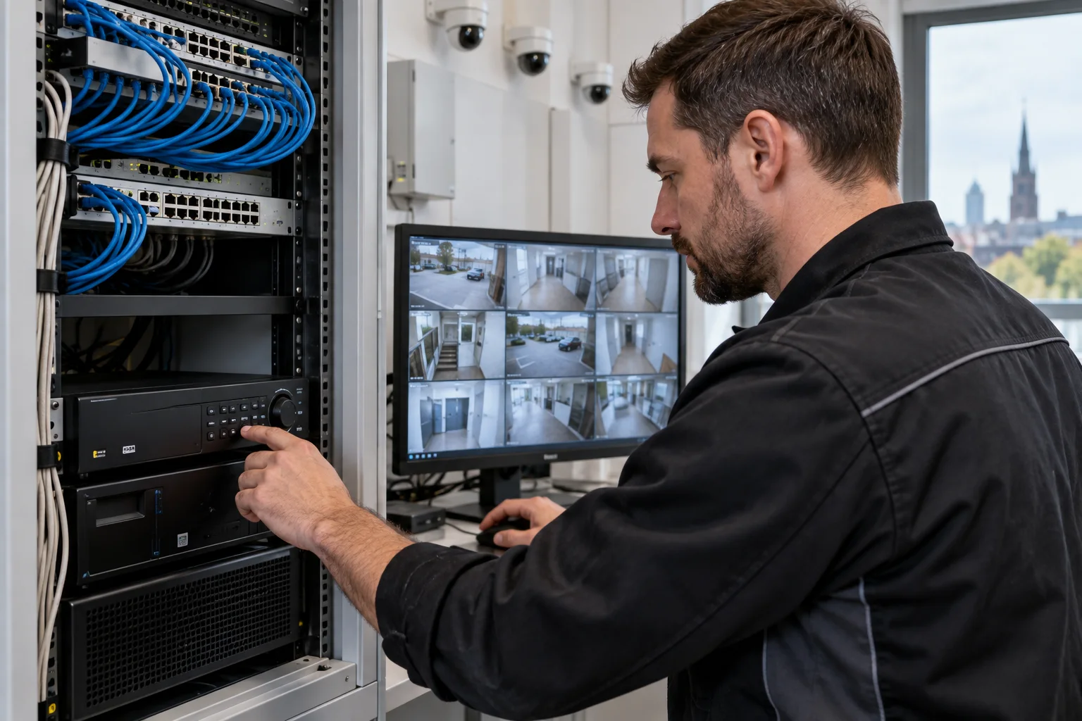Techniker konfiguriert Aufzeichnung und Netzwerk für ein Kamerasystem in Dortmund