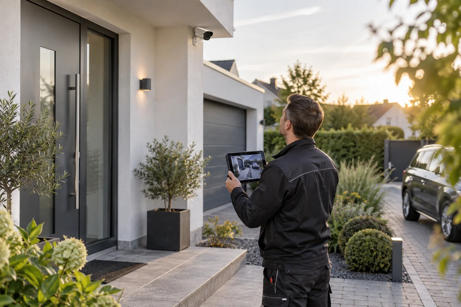 Techniker prüft die Kamerazone an einem Wohnhaus in Dortmund