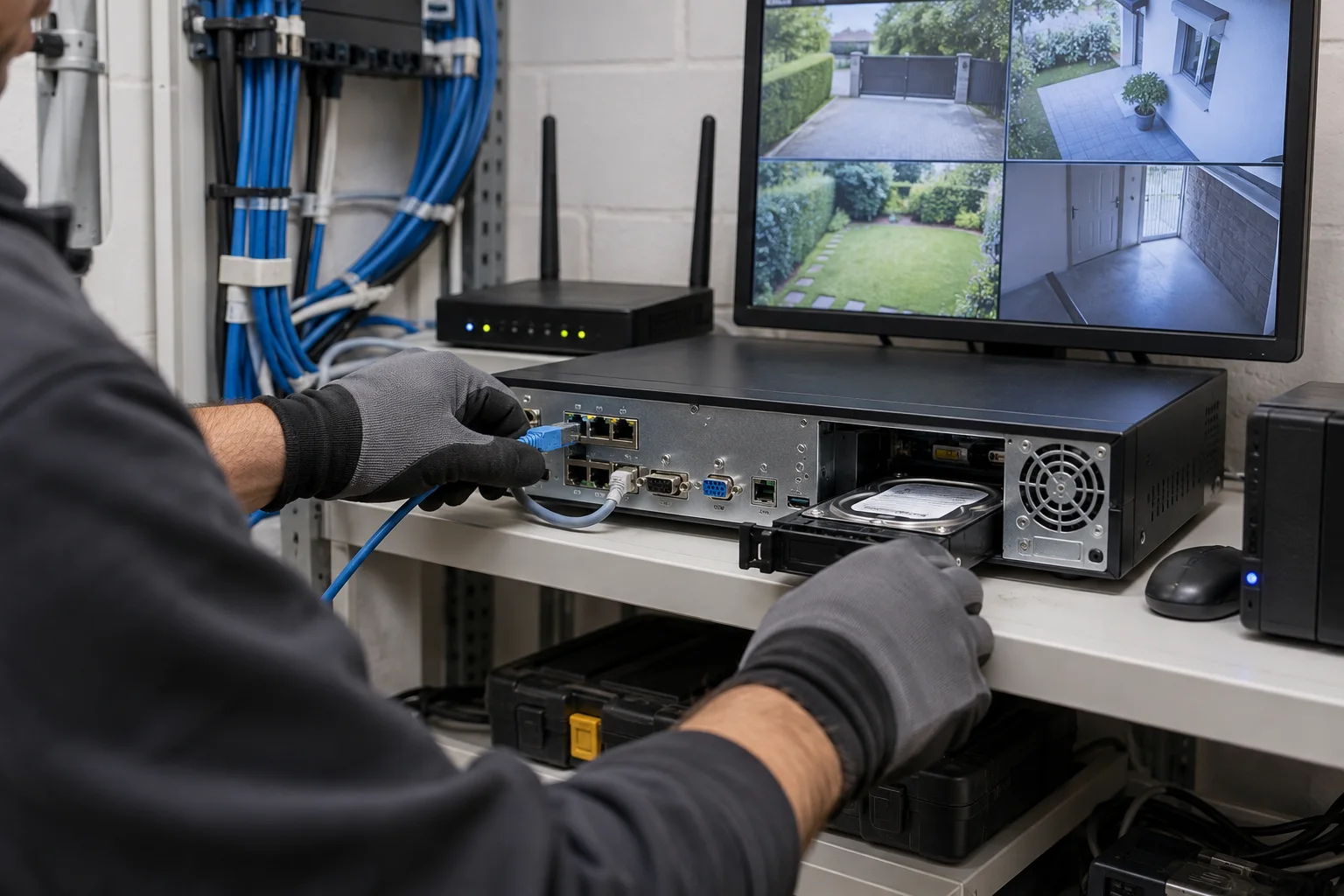 Techniker richtet Aufzeichnung und Netzwerk für ein Kamerasystem in Hagen ein