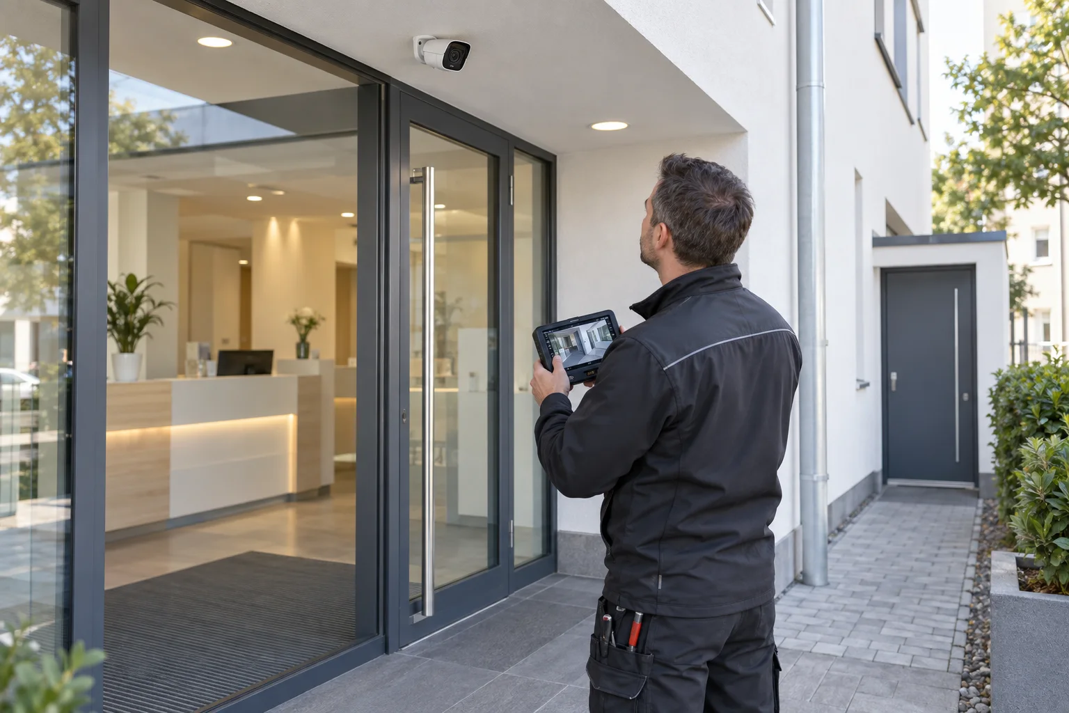 Techniker plant die Videoüberwachung am Eingang einer Praxis in Hagen
